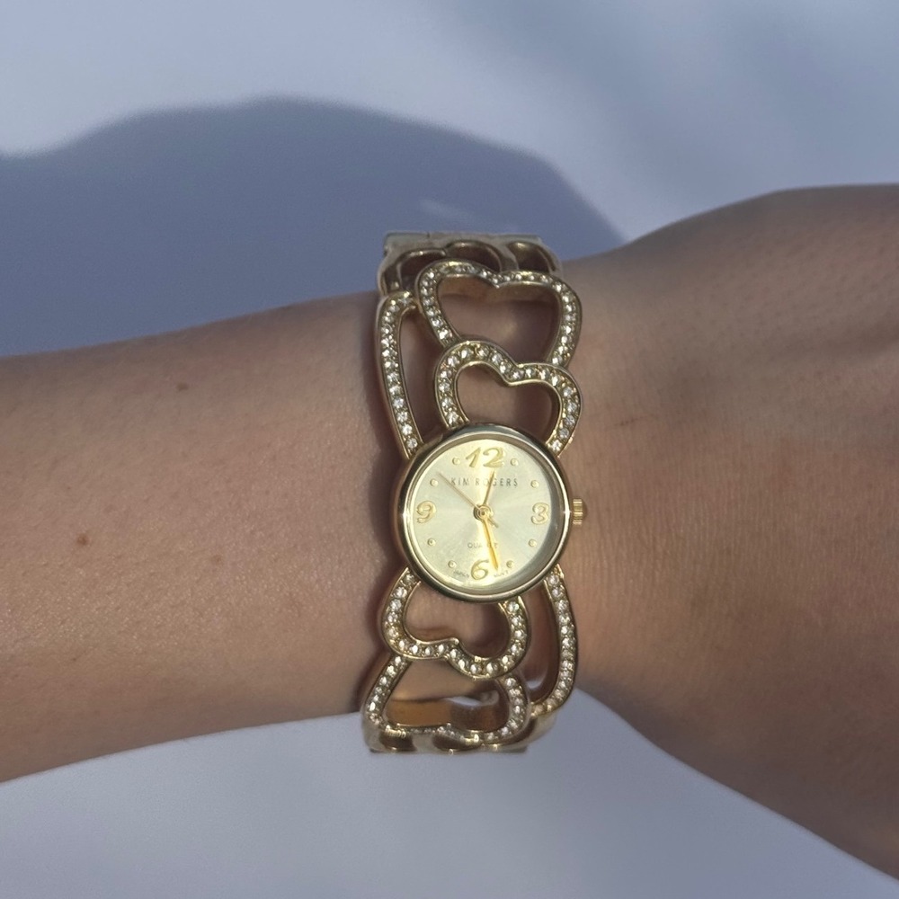 Kim Rogers Womens Gold Tone Rhinestone Heart Cuff Bangle Watch BK554